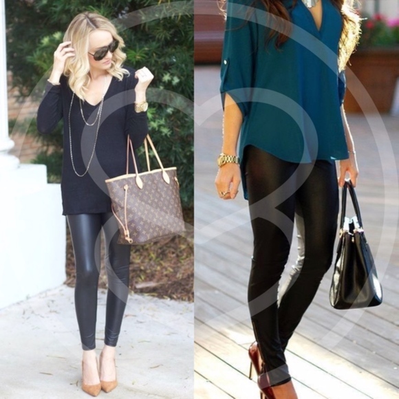 Luxe Black vegan leather Tummy Control matte slick leggings - Picture 7 of 8